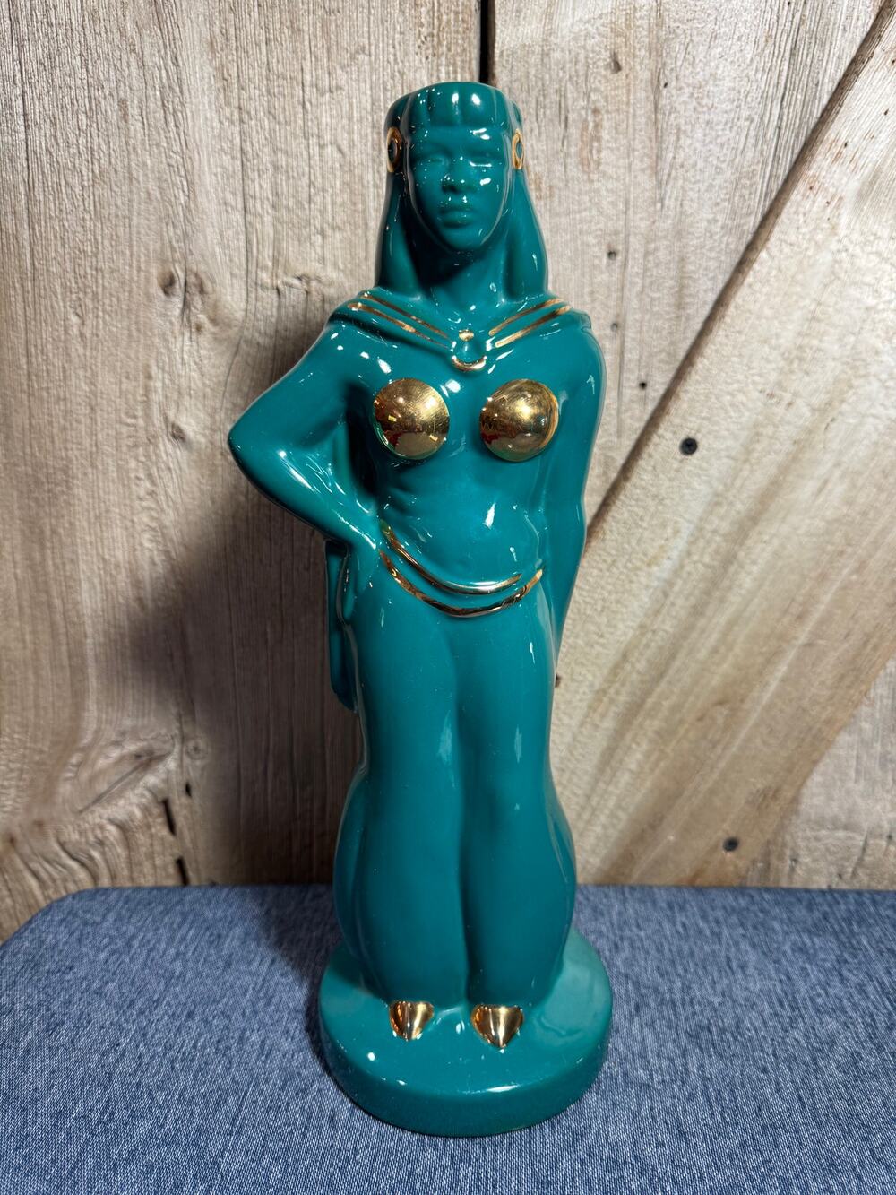 Vintage Ceramic Egyptian Revival Female Figurine Teal Glaze w/ Gold Accents